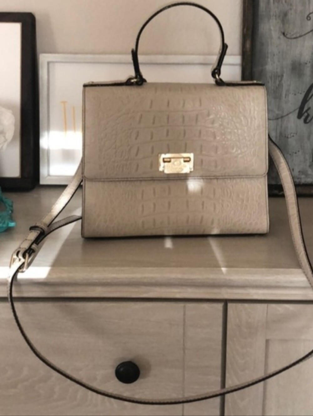 kate spade taupe croc-embossed top-handle satchel with gold hardware